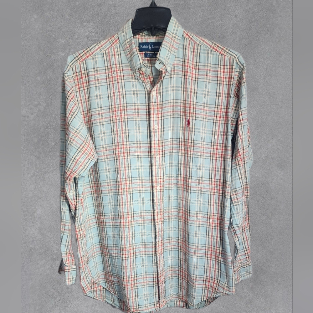 Ralph Lauren blake 100% cotton button down light blue with red/tan plaid Size L
